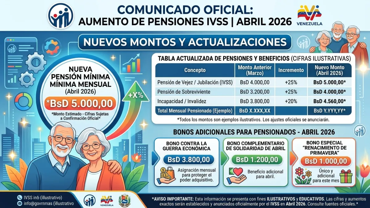 Aumento de la pensión del IVSS en abril de 2026: nuevo monto, tabla actualizada y bonos adicionales.